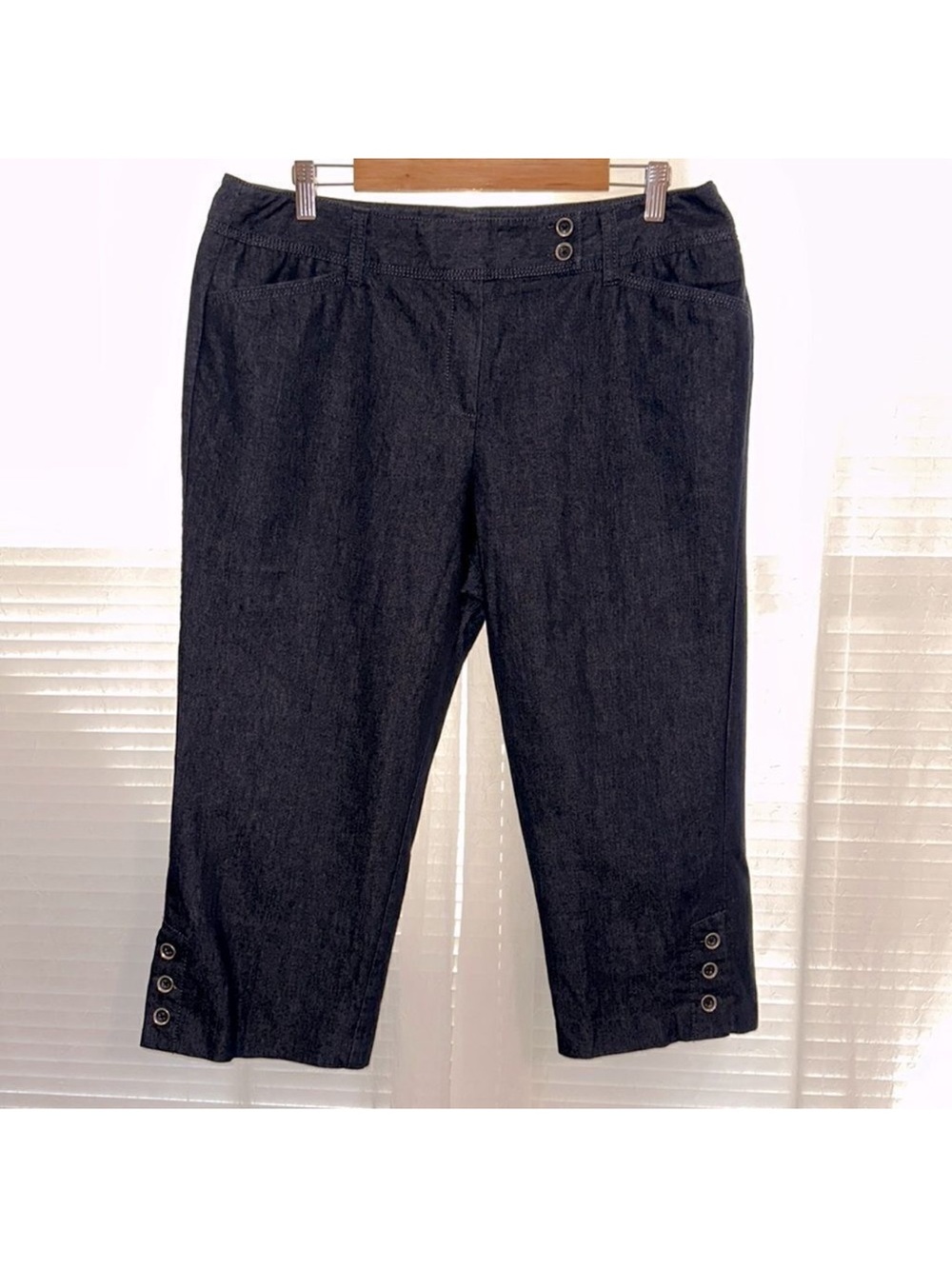 DB 16 Dark Blue Wash Three Button Side Hem Two Button Waist Capri Jeans